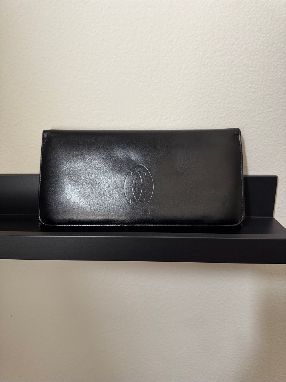 Vintage Cartier Black Leather Wallet Clutch with Embossed Logo 10”